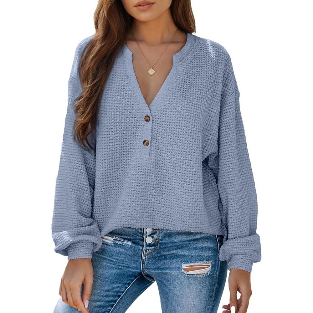 Women's Blue Button Down Shirts Long Sleeve V Neck Blouses Tee Dressy Tops